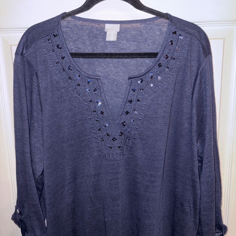 Chico's 3 = XL Navy 100% Linen Knit Tunic Sequin & Embroidered Split Neck Top